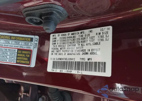 2014 Honda Cr-V Ex-L from USA, damaged, VIN 5J6RM3H7XEL026412